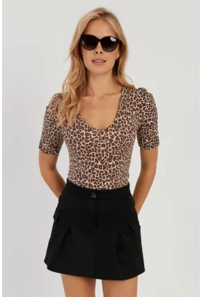 Kadın Camel-Siyah V Yaka Leopar Bluz LPP1263