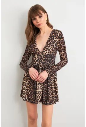 Kadın Camel-Siyah V Yaka Leopar Mini Elbise LİK17
