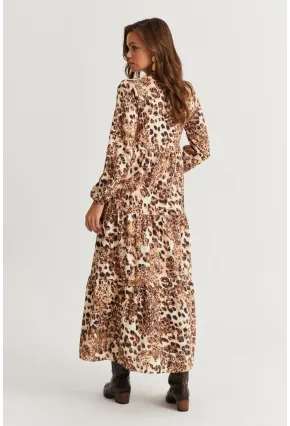 Kadın Camel-Siyah Volanlı Desenli Maxi Elbise MYLE14