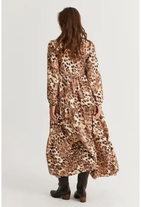 Kadın Camel-Siyah Volanlı Desenli Maxi Elbise MYLE14