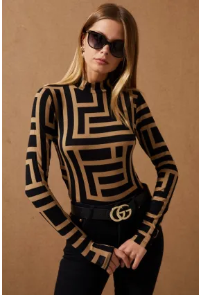 Kadın Camel-Siyah Yarım Balıkçı Desenli Bluz LPP1147