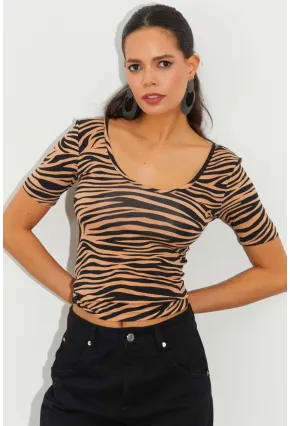 Kadın Camel-Siyah Zebra Desenli Bluz LPP1224