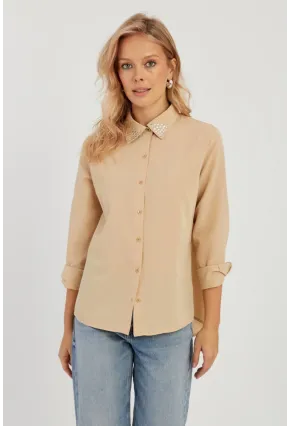 Kadın Camel Taş Detaylı Gömlek ZER402