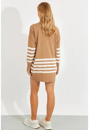Kadın Camel Triko Çizgili Tunik YV202