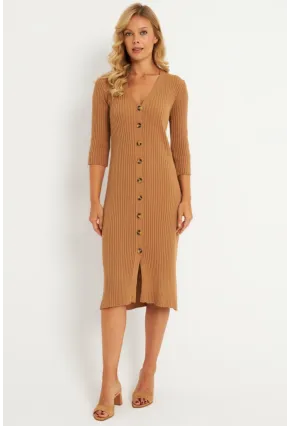Kadın Camel Triko Midi Gömlek Elbise YV274