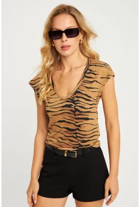 Kadın Camel V Yaka Desenli Bluz LPP1285