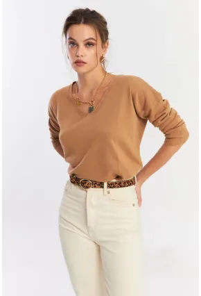 Kadın Camel V Yaka Yalaş Triko Bluz YİL552