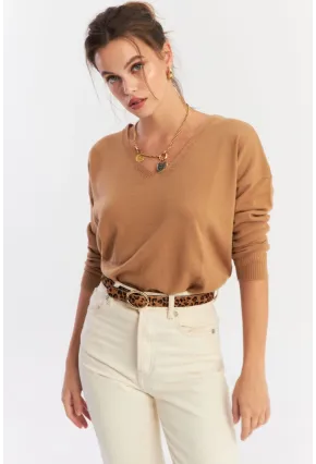 Kadın Camel V Yaka Yalaş Triko Bluz YİL552