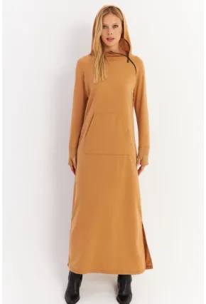 Kadın Camel Yakası Fermuarlı Maxi Sweat Elbise TF12