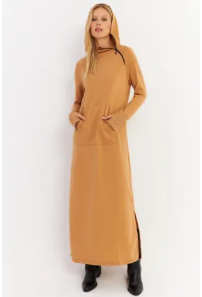 Kadın Camel Yakası Fermuarlı Maxi Sweat Elbise TF12