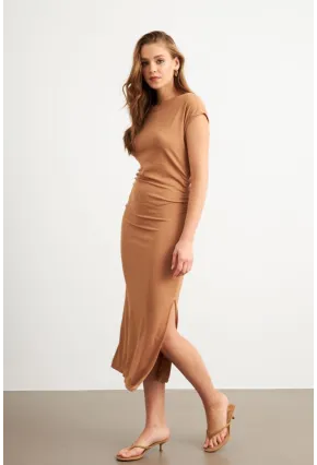 Kadın Camel Yanları Büzgülü Midi Elbise MK35