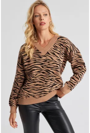 Kadın Camel Zebra Desenli Triko Kazak YZ521