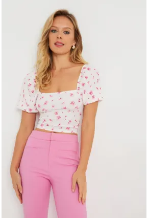 Kadın Çiçekli Crop Bluz Beyaz AYD270