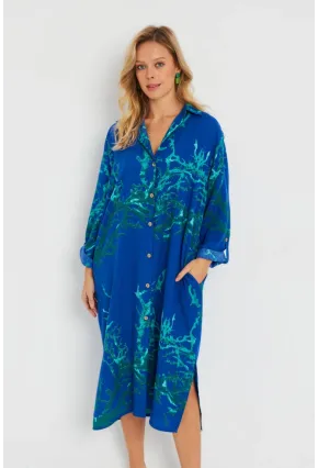 Kadın Desenli Gömlek Elbise Saks LV174