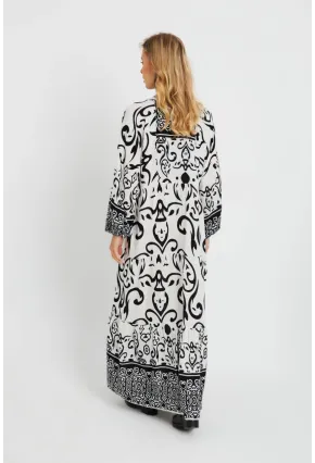 Kadın Desenli Salaş Maxi Elbise Beyaz-Siyah Q981
