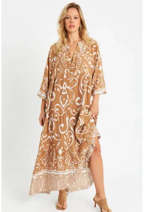 Kadın Desenli Salaş Maxi Elbise Camel Q981