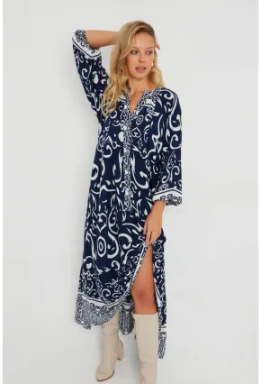 Kadın Desenli Salaş Maxi Elbise Lacivert Q981