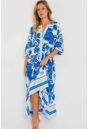 Kadın Desenli Salaş Maxi Elbise Mavi Q981