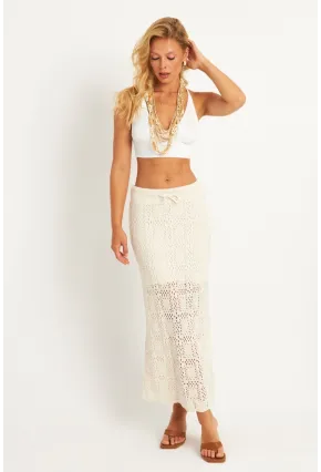 Kadın Ekru Ajurlu Astarlı Triko Maxi Etek TOP05