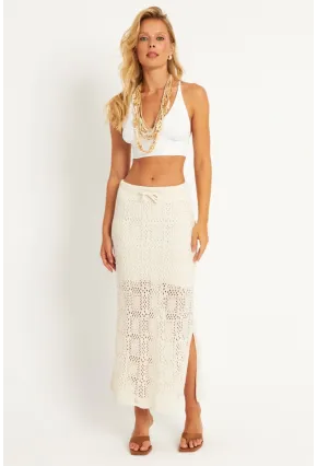 Kadın Ekru Ajurlu Astarlı Triko Maxi Etek TOP05