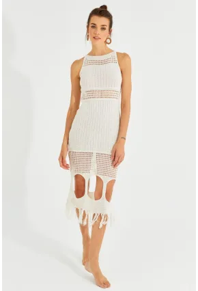 Kadın Ekru Ajurlu Maxi Plaj Elbisesi KZ521