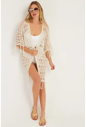 Kadın Ekru Ajurlu Püsküllü Hırka YV224