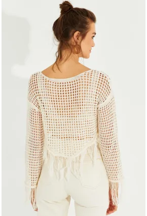 Kadın Ekru Ajurlu Püsküllü Triko Bluz KZ2462