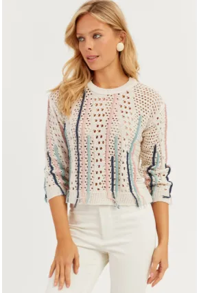 Kadın Ekru Ajurlu Renkli Triko Bluz MİW2761