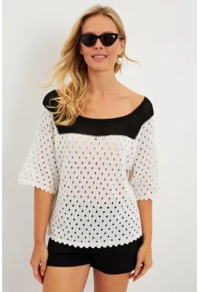 Kadın Ekru Ajurlu Triko Bluz YV230