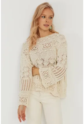 Kadın Ekru Ajurlu Triko Bluz YZ620