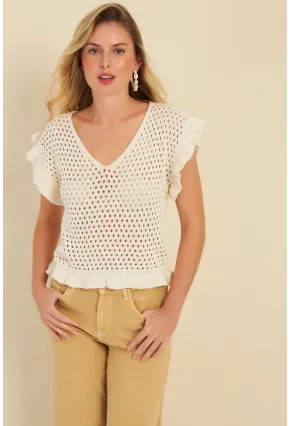 Kadın Ekru Ajurlu Triko Bluz ZU607