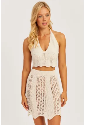 Kadın Ekru Ajurlu Triko Etek MZU608