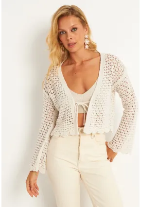 Kadın Ekru Ajurlu Triko Hırka YV248