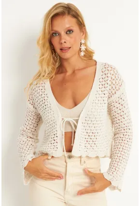 Kadın Ekru Ajurlu Triko Hırka YV248