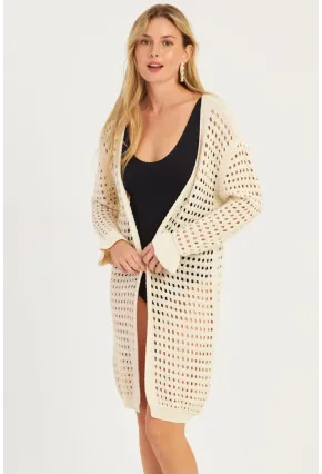 Kadın Ekru Ajurlu Triko Hırka ZU608