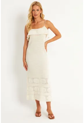 Kadın Ekru Ajurlu Triko Midi Elbise HC1569