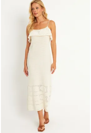 Kadın Ekru Ajurlu Triko Midi Elbise HC1569