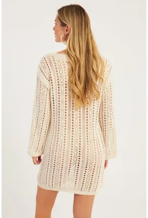 Kadın Ekru Ajurlu Triko Mini Elbise MZU605
