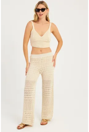 Kadın Ekru Ajurlu Triko Pantolon YZ3062