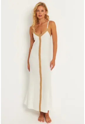 Kadın Ekru Aksesuarlı Bürümcük Midi Plaj Elbise EY2839