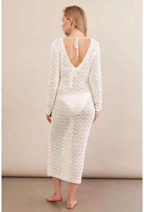 Kadın Ekru Aksesuarlı Triko Plaj Elbisesi KZ3237-90