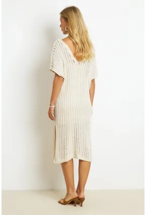 Kadın Ekru Astarlı Simli Triko Midi Elbise ET04