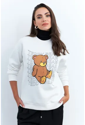 Kadın Ekru Ayıcık Baskılı Sweatshirt MZM288