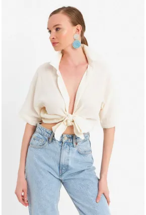 Kadın Ekru Bağlamalı Keten Bluz BTH16