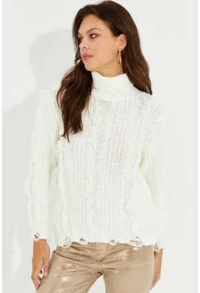 Kadın Ekru Balıkçı Yaka Püsküllü Triko Kazak KZ2471