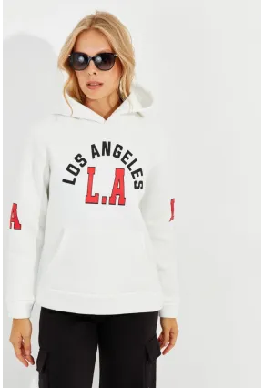 Kadın Ekru Baskılı Kapüşonlu Sweatshirt DA146