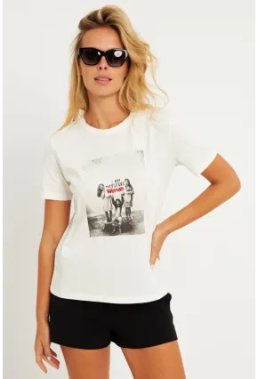 Kadın Ekru Baskılı T-Shirt AYD322