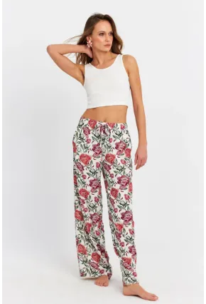 Kadın Ekru-Bordo Çiçek Desenli Pantolon FLS03