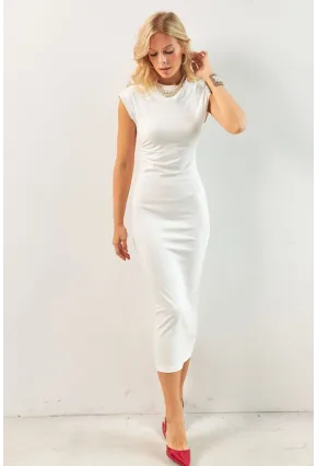 Kadın Ekru Boyun Bağlamalı Büzgülü Midi Elbise KED4281