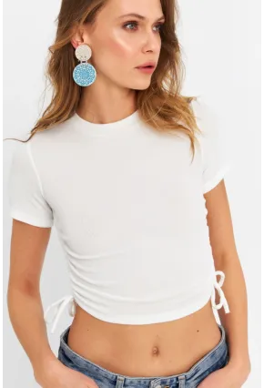 Kadın Ekru Büzgülü Crop Bluz ANT103